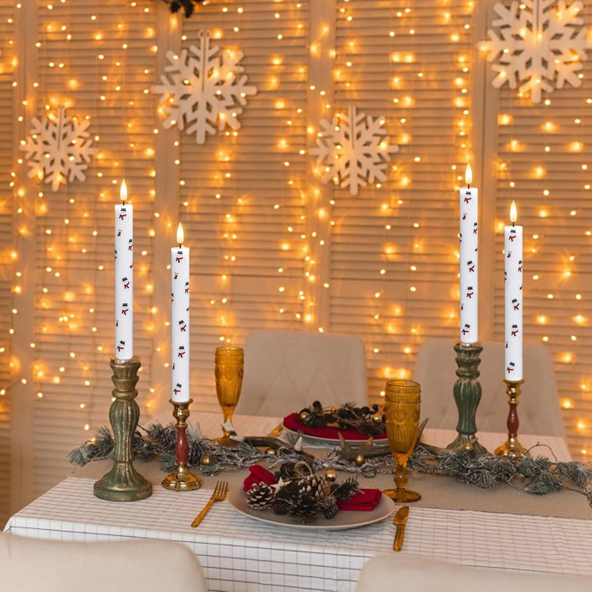 GenSwin Christmas Taper Candles with Snowman Decals, 4 Pack LED Taper Candles with Timer, Real Wax Flickering LED Flickering Flameless Candlesticks with Christmas Prints for Home Decor(0.78” x 9.6”)