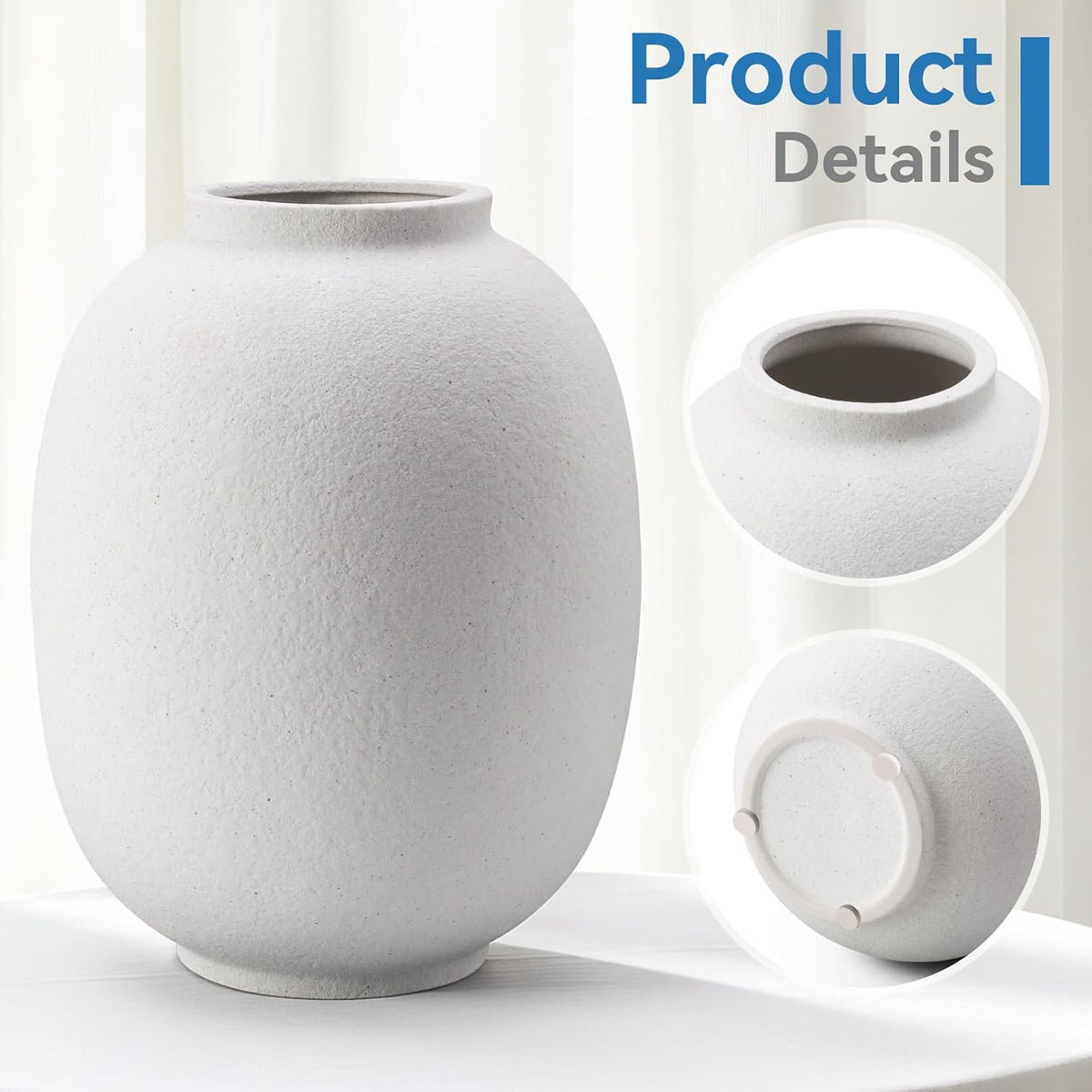 Ceramic Flower Vase Home Decor,9.8 Inch Rustic Farmhouse Vases for Flowers,Vintage Table Vase for Living Room Kitchen Bedroom Shelf Office Desk Coffee Dining Fireplace (9.8"-White)