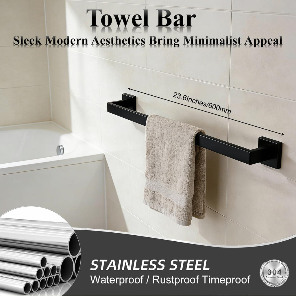 Bathroom Hardware Set Piece Matte Black Bathroom Accessories Set SUS304 Towel Bar Set Includes 2 Towel Bar 24 Inch+2 Towel Holder+2 Toilet Paper Holder+4 Towel Hooks (10, Matte Black)