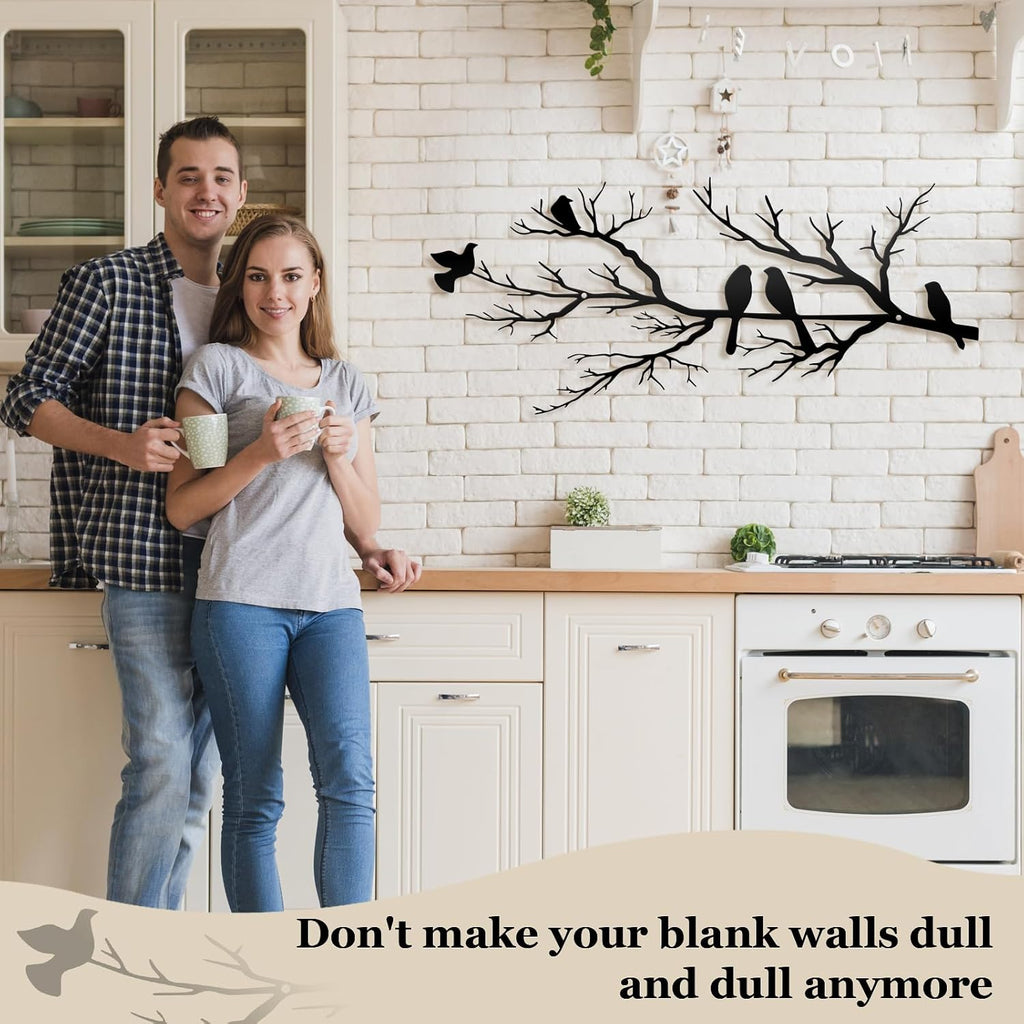 KINMAD Birds Metal Wall Decor Art - Outdoor Metal Hanging Wall Sculpture with Elegant Tree Branch - Wall Decor for Home Balcony Garden Living Room - Black (Large)