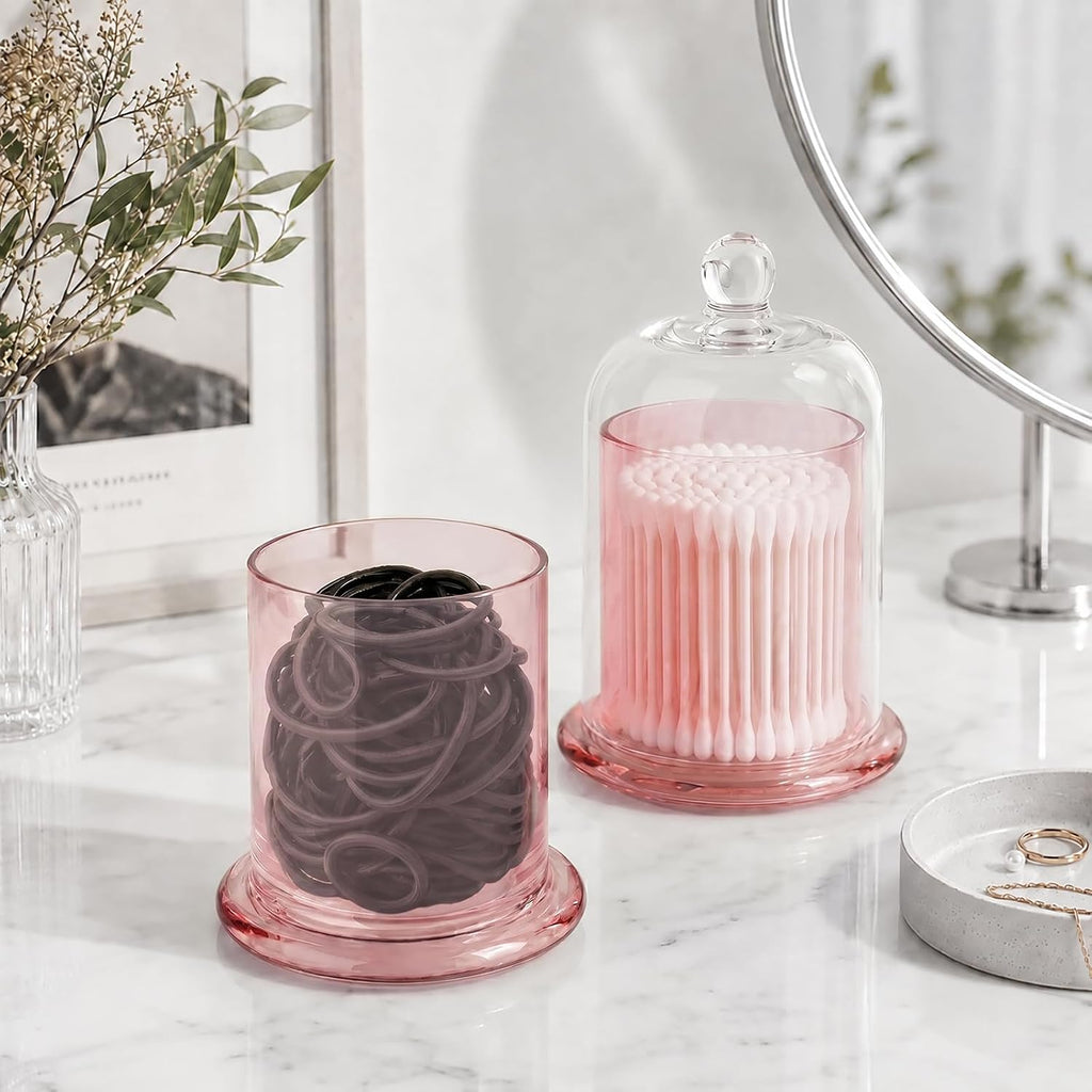 rejomiik Qtip Holder Glass Apothecary Jars with Lids Bathroom Storage Pink
