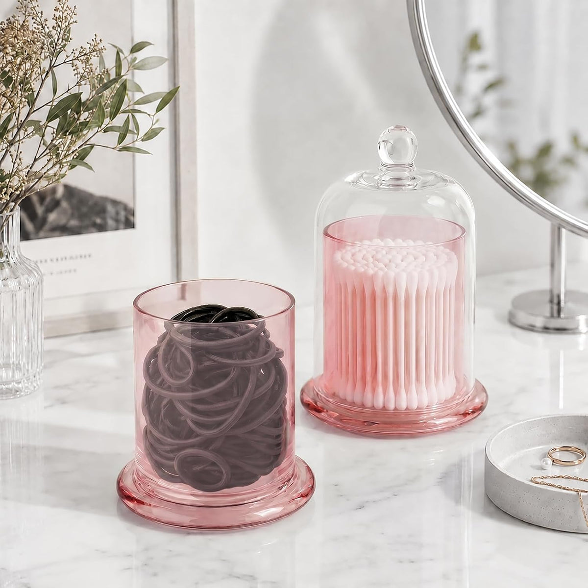 rejomiik Qtip Holder Glass Apothecary Jars with Lids Bathroom Storage Pink