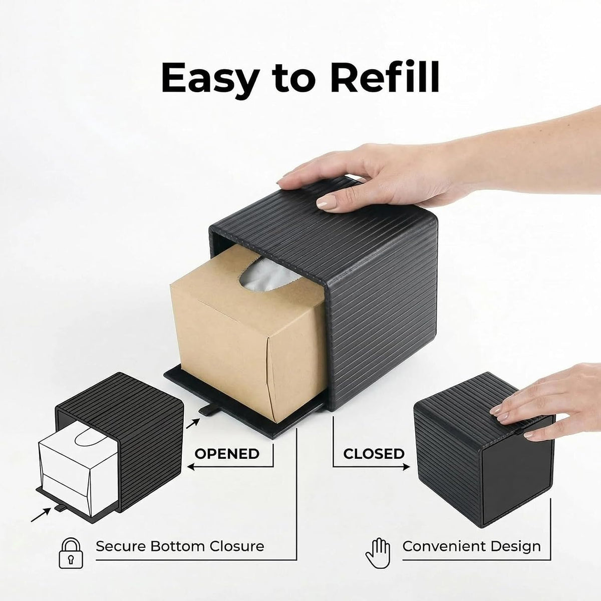 Square PU Leather Tissue Box Cover Holder with Magnetic Bottom Modern Cube Fits for Vanity, Bathroom, Bedroom, Living Room, Office,Nightstand(Black Stripe)