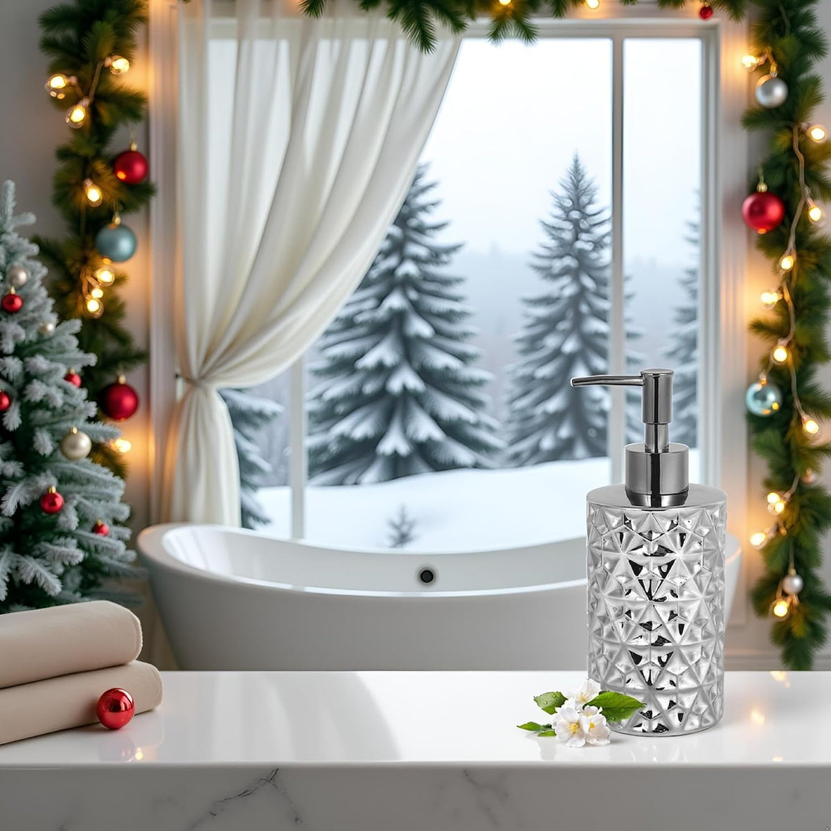 12 Oz Ceramic Soap Dispenser with Rust Proof Stainless Steel Pump,Refillable Diamond Lotion Soap Dispenser for Bathroom, Kitchen, Hand Soap, Dish Soap,Shampoo, Ideal for Bathroom Countertop. Silver.