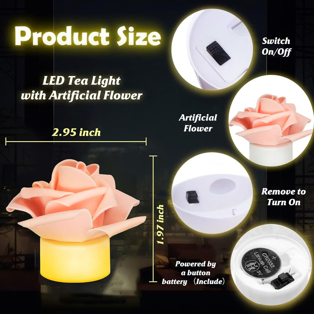 SupBri 12 Pack Led Tea Lights with Artificial Pink Flower