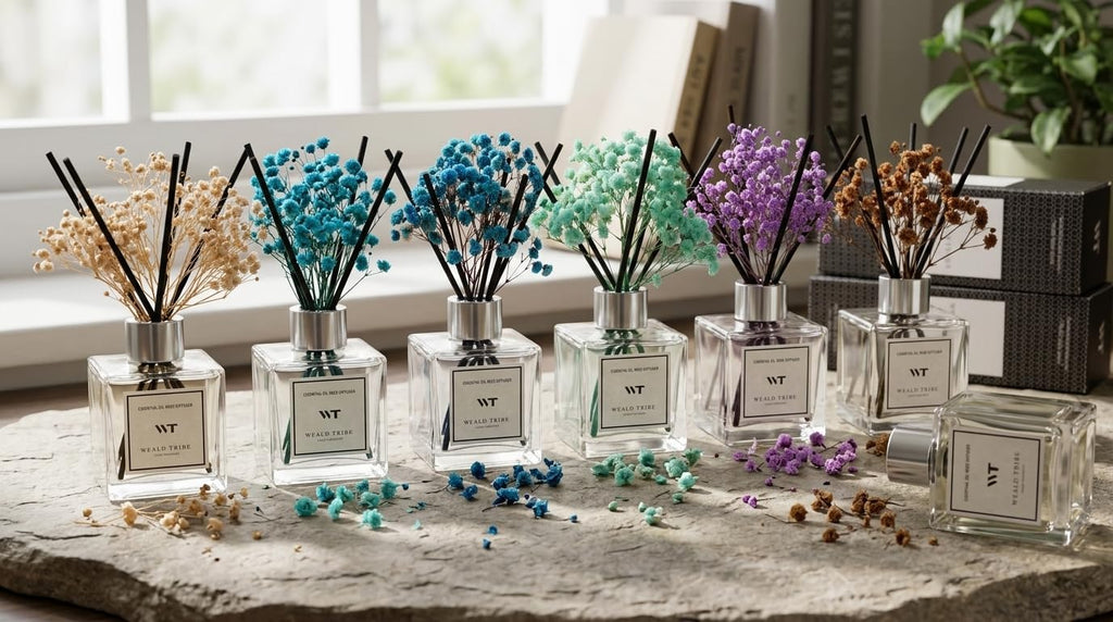 WEALD TRIBE Reed Diffuser Set Pure Cotton Scent for Bathroom Air Fresheners with Real Flower, Oil Diffuser Stick | 5.1 fl oz Home Fragrance with Sticks Defusers | House Bedroom Office Shelf Decor