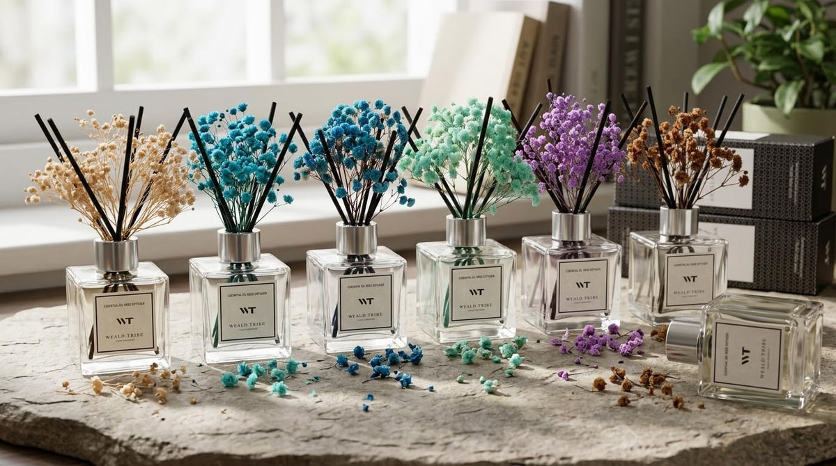 WEALD TRIBE Reed Diffuser Set Pure Cotton Scent for Bathroom Air Fresheners with Real Flower, Oil Diffuser Stick | 5.1 fl oz Home Fragrance with Sticks Defusers | House Bedroom Office Shelf Decor