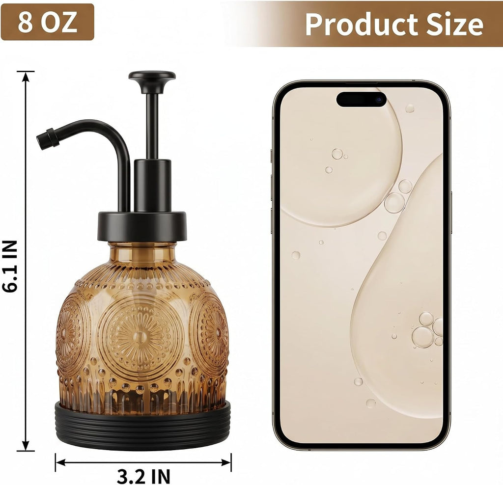 Glass Hand and Dish Soap Dispenser Set, Vintage Farmhouse Refillable Soap Dispenser with Black Pump & Non-Slip Mat, for Bathroom Kitchen Shampoo Lotion, Rustic Antique Decor (2 PCS, Brown)