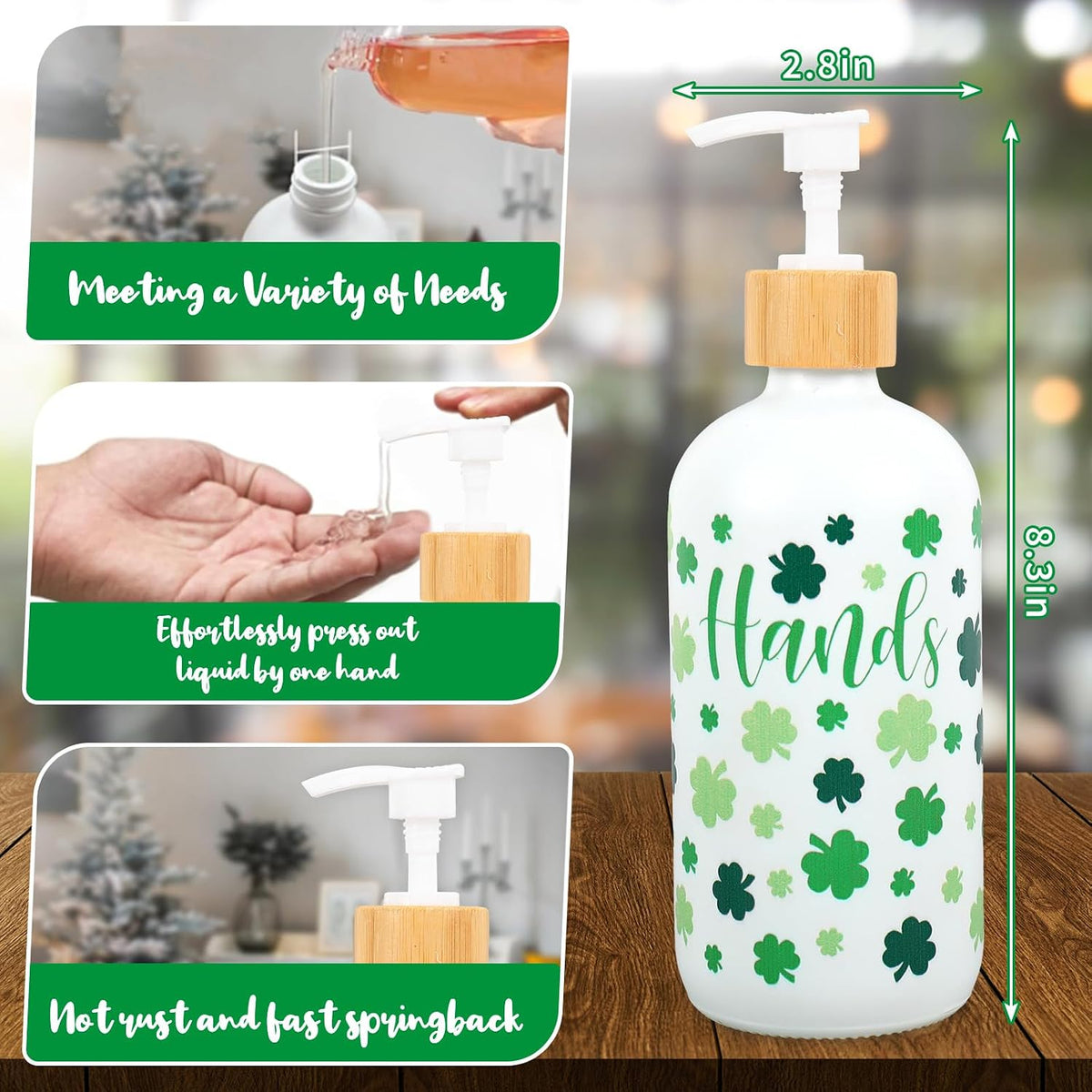 FYSUIMU 2 Pcs St. Patrick's Day Soap Dispenser Glass Soap Dispenser with Pump Green White Shamrock Clover Refillable Liquid Container for Hands Dishes Party Home Kitchen Bathroom Decor