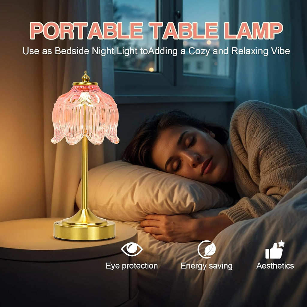 Cordless Table Lamp, Rechargeable Pink Glass Lotus Flower Lamp