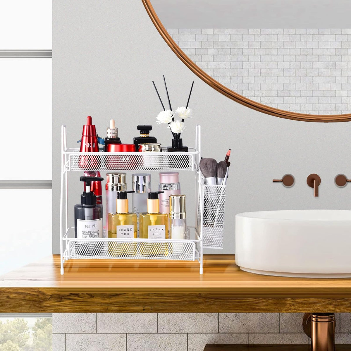 LEMIKKLE Countertop organizer for bathroom counter, bathroom organizers and storage, spice rack organizer for kitchen counter shelf with small basket(White)