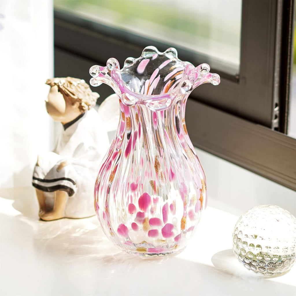 QFkris Hand Blown Glass Vase, Modern Art Flower Vase with Pink Petal Decor