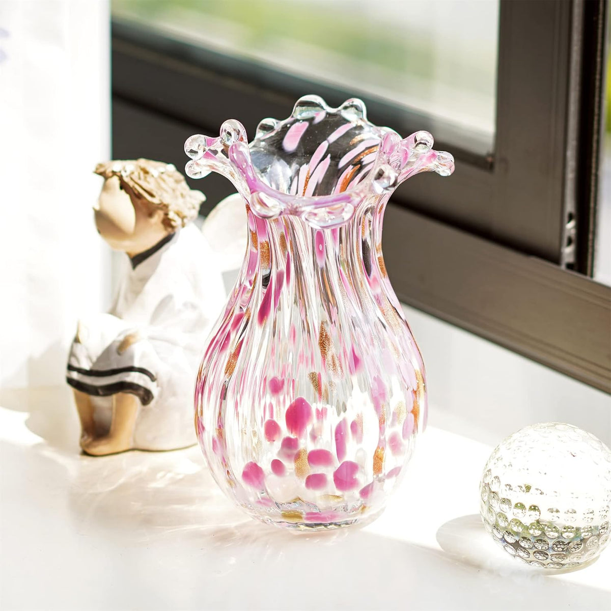 QFkris Hand Blown Glass Vase, Modern Art Flower Vase with Pink Petal Decor