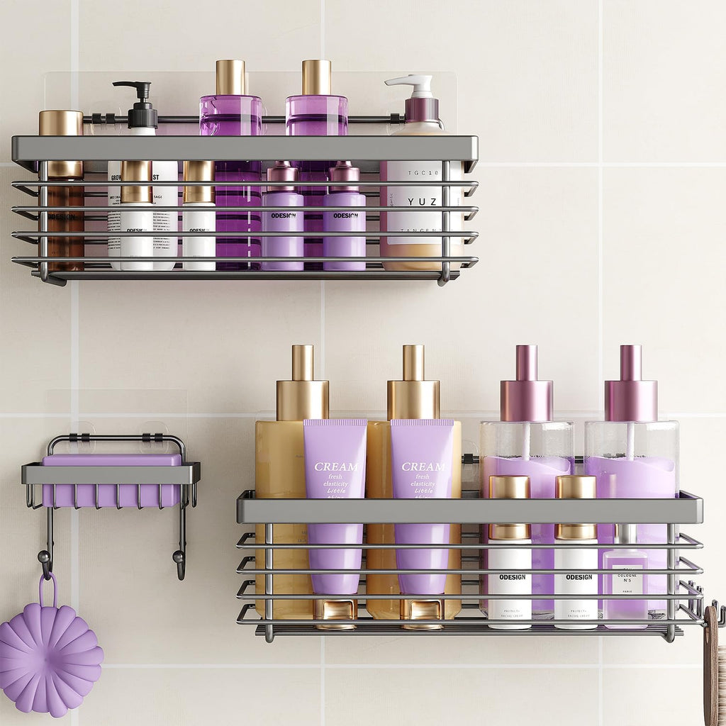 Shower Caddy Adhesive 3 Pack Stainless Steel Storage Organizers-Grey
