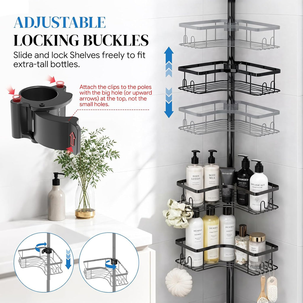 Corner Shower Caddy Tension Pole 4-Tier Rustproof Bathroom Organizer-Black