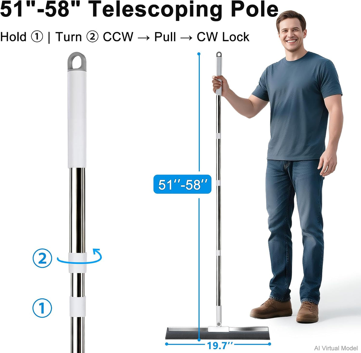 19.7'' Large Floor Squeegee for Concrete Floor with 51''-58'' Telescoping Stainless Steel Handle, Squeegee Broom for Removing Water on Tile, Epoxy, Garage, Driveway, Patio