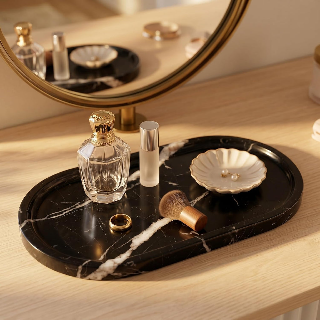 YKAJO Nero Marquina Oval Marble Tray, 11.8x5.9 Vanity Perfume Organizer