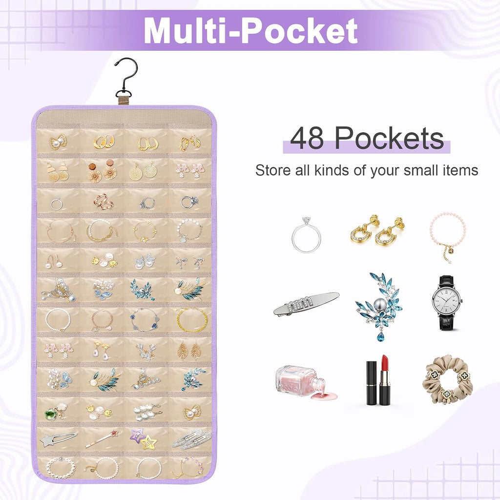 Dynoro Double-Sided Hanging Jewelry Organizer, Lavender Storage Roll for Earrings, Necklaces, Rings, 48 Pockets 21 Hooks, Durable Oxford Fabric for Closet, Wall, Door, 1 piece, Jewelry Not Included