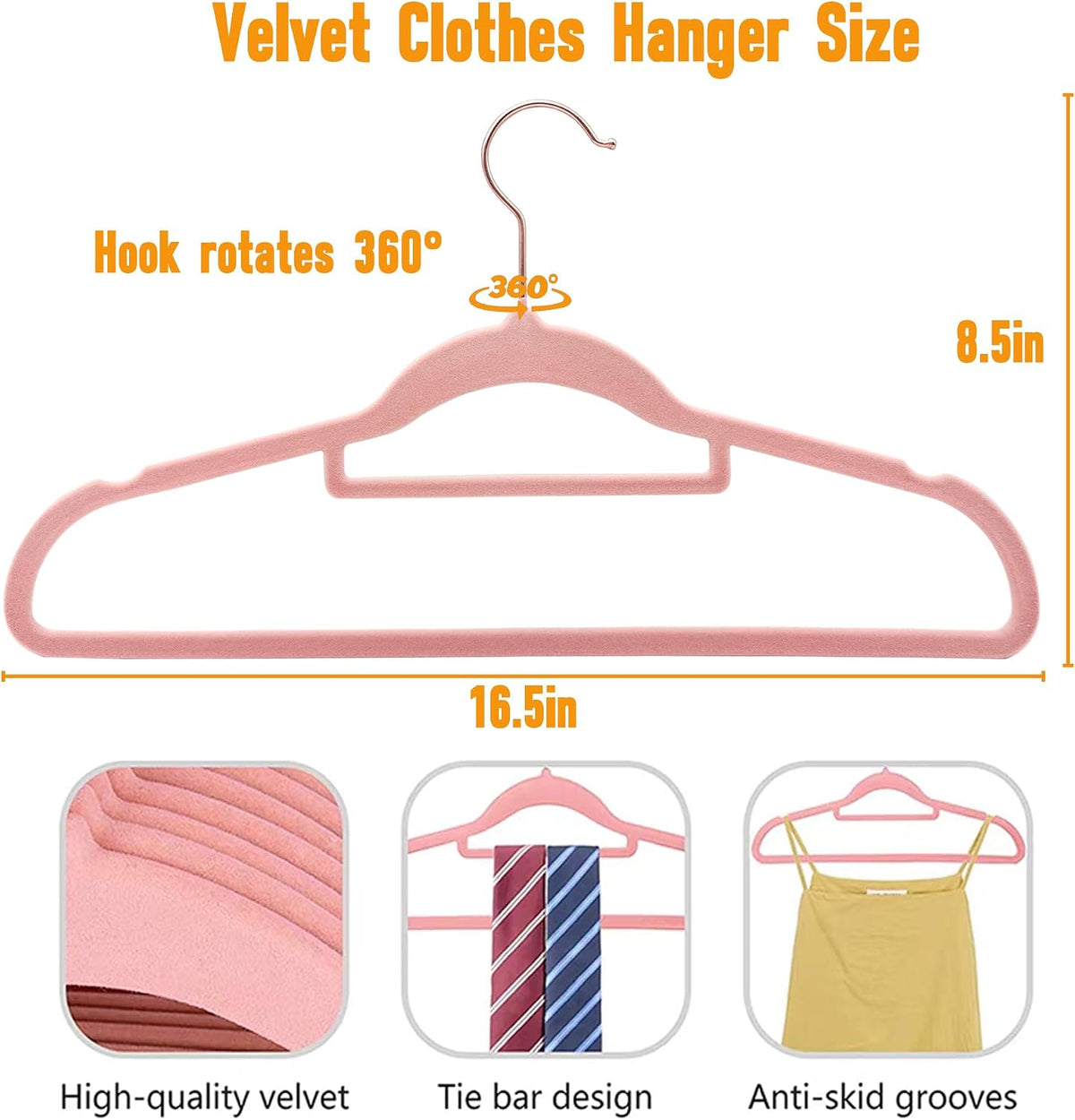 Pink Velvet Hangers 50 Pack - Adult Hangers Rose Gold Hook, Space Saving Non-Slip Clothes Hangers, 16.5 Inch with Tie Bar for Coats,Sweater,Jackets,Dresses, Shirts, Suits & T-Shirts