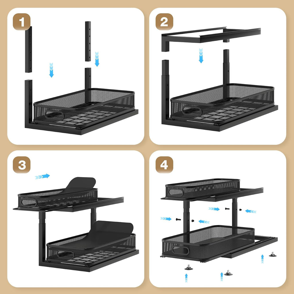 1 Pack-16"D Under Sink Storage Organizer with 2-Tier Slide Out Drawer, Sophisticated Mesh Pull Out Shelf for Kitchen & Bathroom, Fits Small Items, Upgraded Arched Track for Smooth Gliding-Black