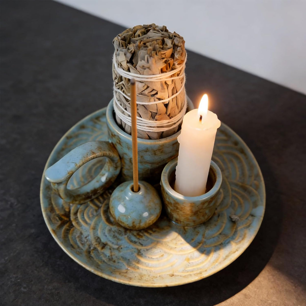 Tnstbiee 4-in-1 Blue Ceramic Palo Santo Burner, Small Smudge Tray Bowl