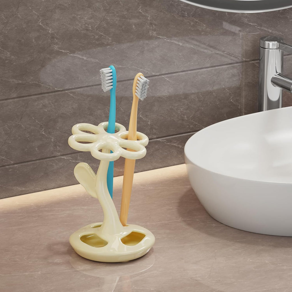 Flower Ceramic Tooth Brush Holders for Bathroom, Upgraded Large Slots Toothbrush Holder Organizer for Manual Brushes & Art Paintbrushes, Aesthetic Vanity Decor, Non-Tip Sturdy Base, 6 Slots （White）
