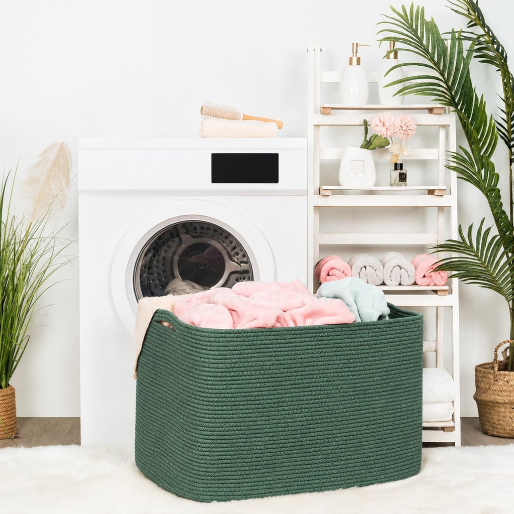MINTWOOD Design 112L Extra Large Blanket Basket Holder Living Room, 25"x17"x16" Rectangle Rope Woven Storage Basket with Handles for Laundry, Towels, Shoes, Dog Toy Organizer Bin Box, Green