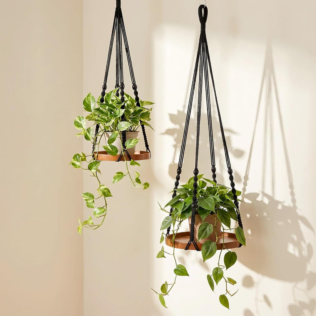 Macrame Plant Hanger 2 Pack, Hanging Planter Shelf Set with Wood Tray for Indoor Plants, Boho Home Decor (Black, Large & Medium)