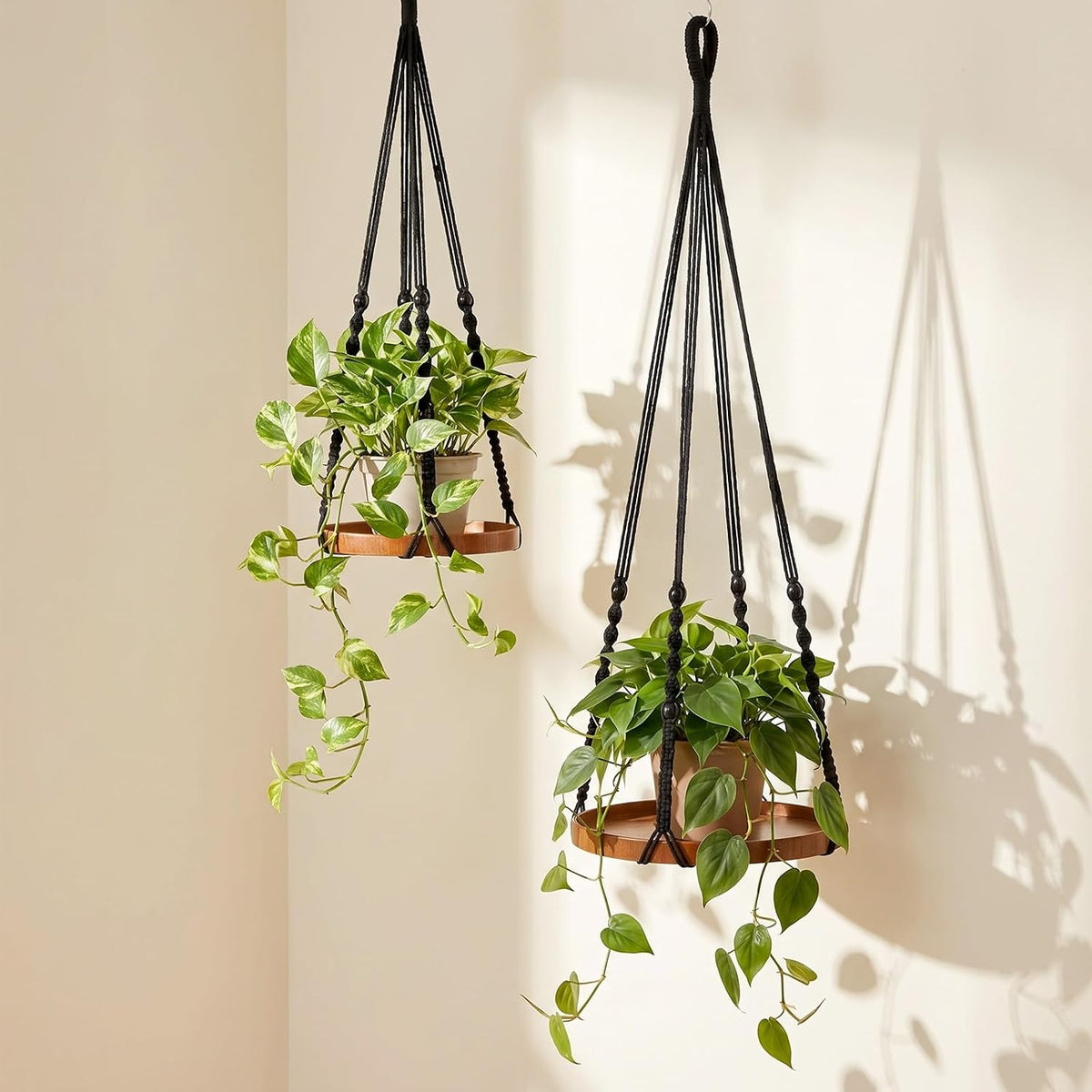 Macrame Plant Hanger 2 Pack, Hanging Planter Shelf Set with Wood Tray for Indoor Plants, Boho Home Decor (Black, Large & Medium)