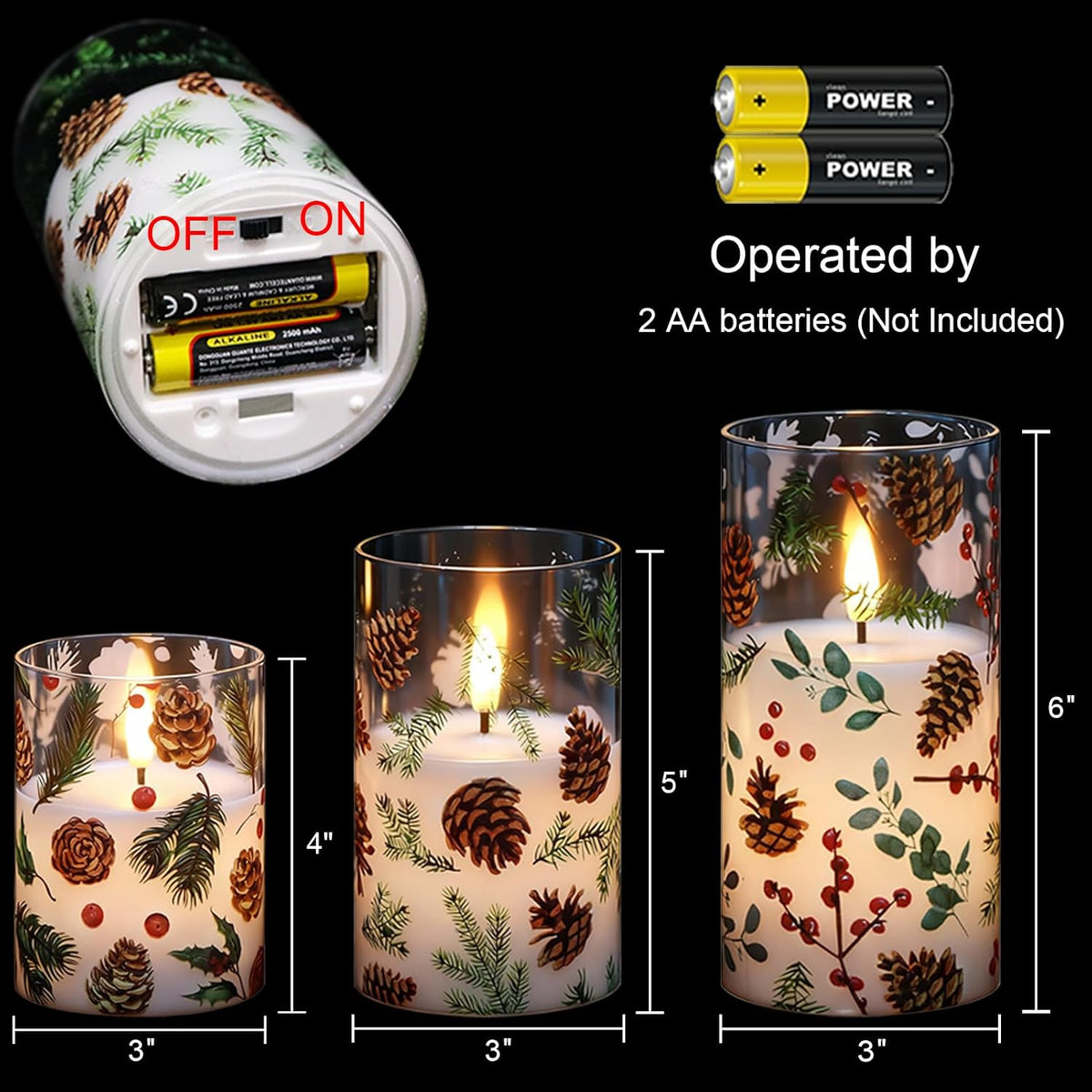 Christmas Pinecone LED Glass Flameless Candles Battery Operated Remote