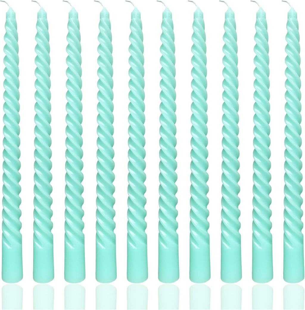 10 Inch Spiral Teal Taper Candles, 10 Pack Turquoise Green Candlesticks, Unscented Dripless Long Burning Candles for Dinner Party Wedding Home Decor, Aqua Mint Seafoam Table Candles