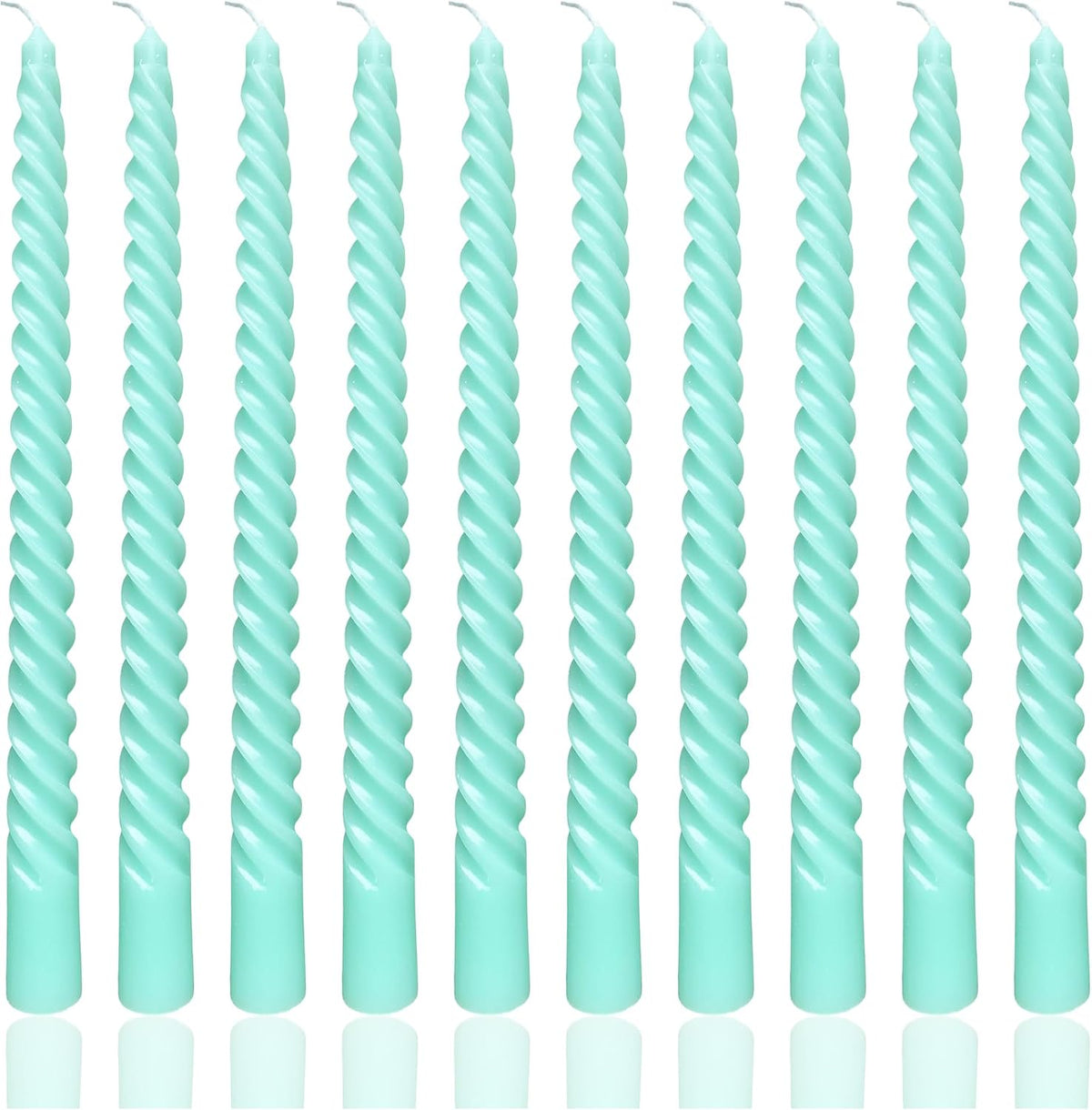 10 Inch Spiral Teal Taper Candles, 10 Pack Turquoise Green Candlesticks, Unscented Dripless Long Burning Candles for Dinner Party Wedding Home Decor, Aqua Mint Seafoam Table Candles