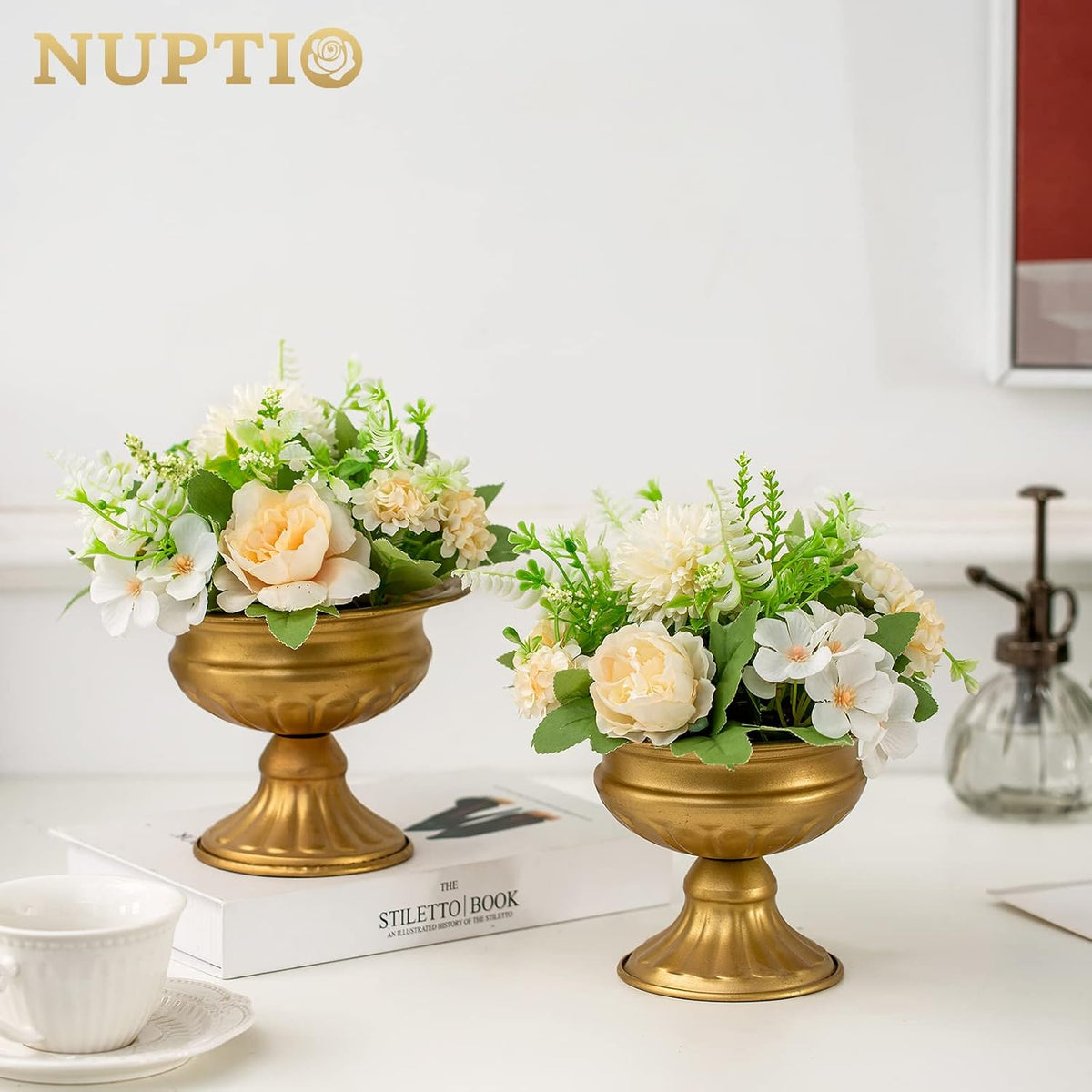 NUPTIO Gold Compote Vase Centerpiece: Metal Urn Planter, 4.96" Tall, 2 Pcs