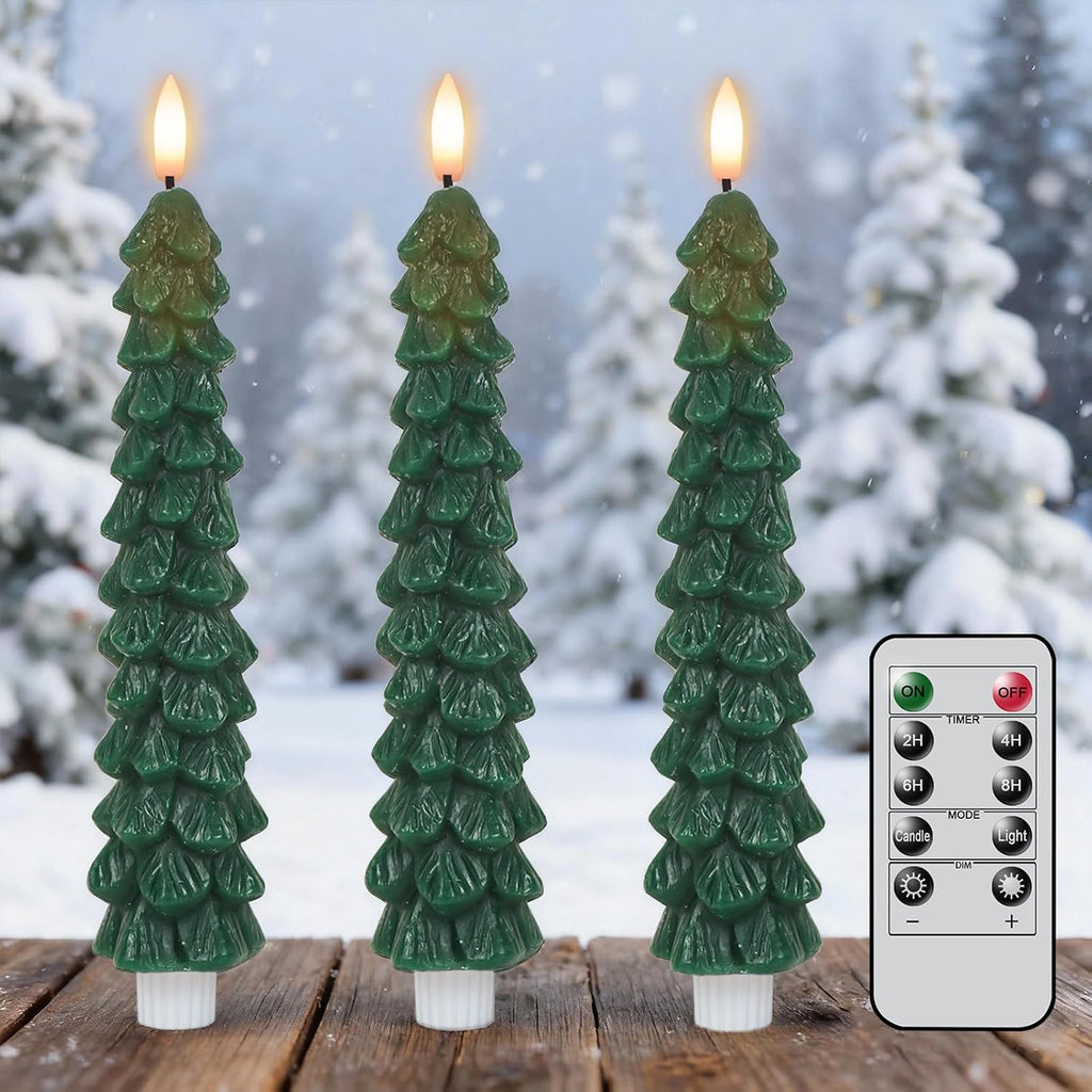 Green Christmas Tree Flameless Taper Candles Battery Operated Remote Timer
