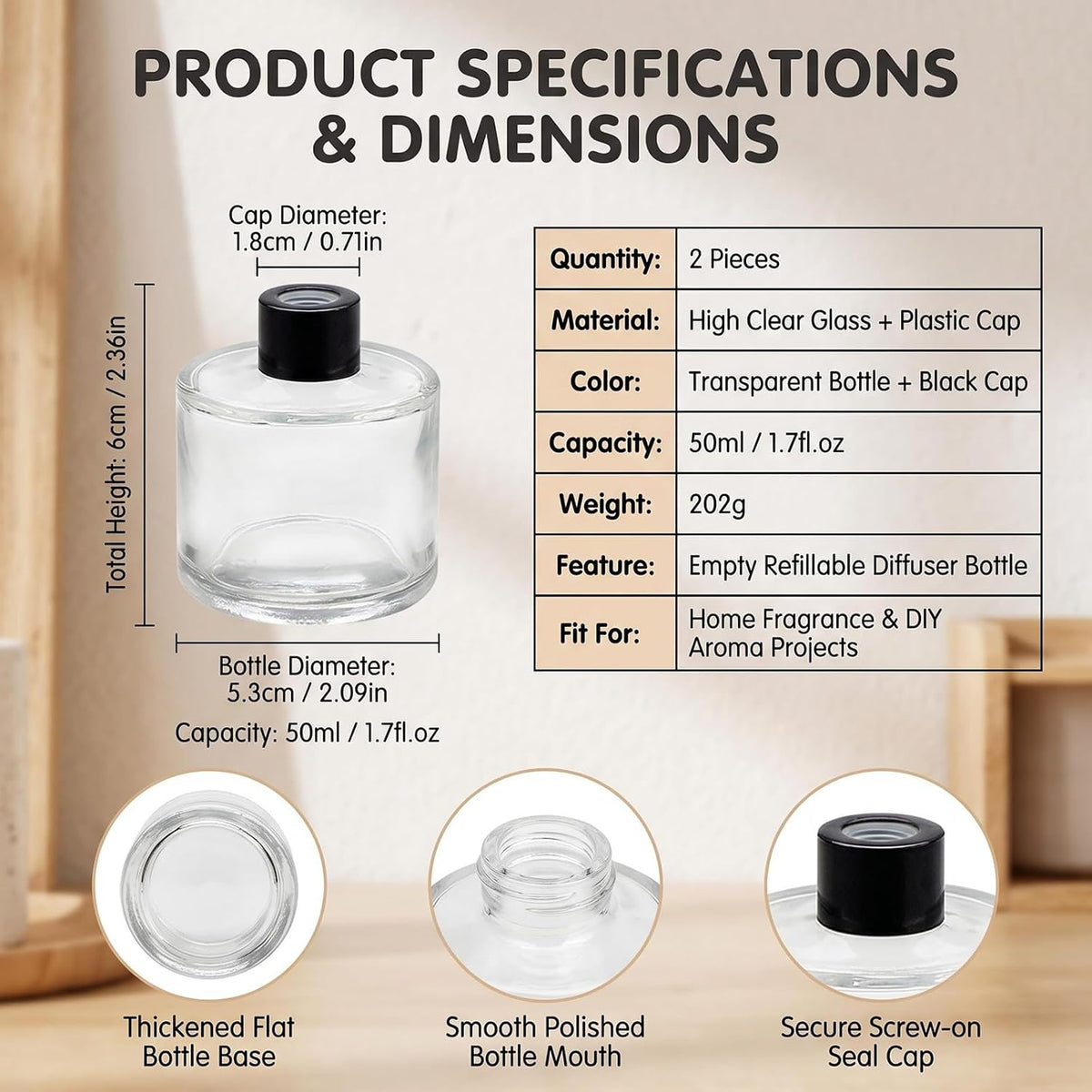 Set of 2 Glass Essential Oils Diffuser Bottles Fragrance Bottle Jars Containers for DIY Replacement Reed Diffuser Sticks Sets Essential Oils Crafts Decor (50ML Black Cap)