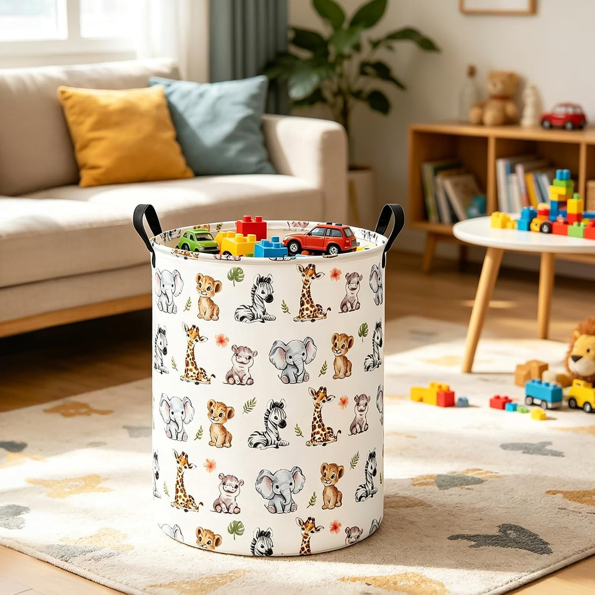 Round Collapsible Laundry Hamper with Handles, Jungle Animal Print