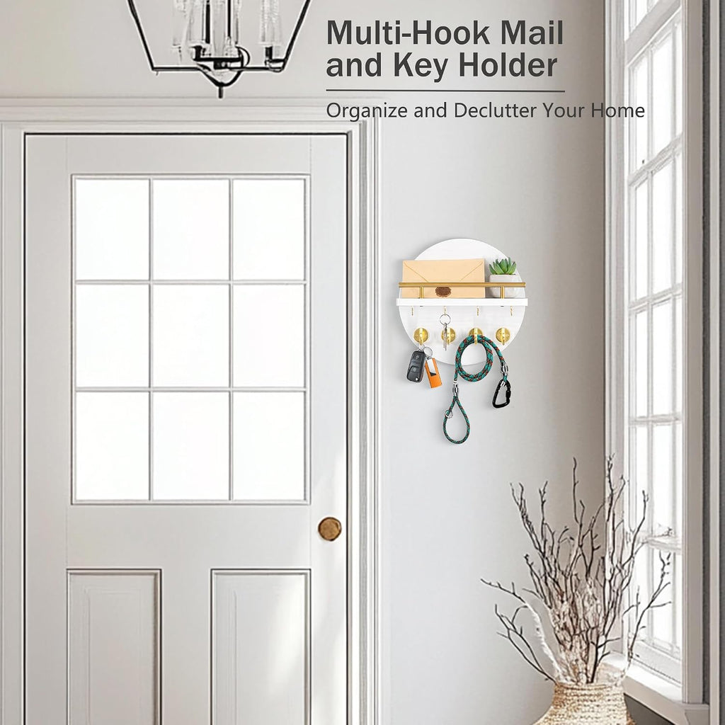 10.2" Key Holder Wall Mount with Shelf & Mail Organizer, 8 Hooks White