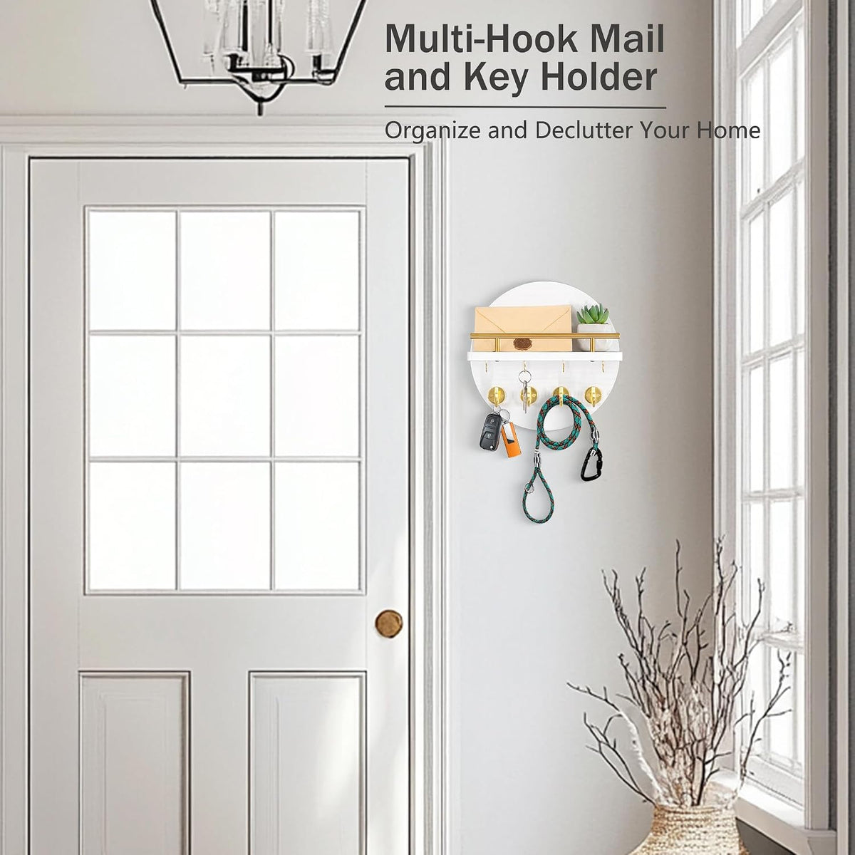 10.2" Key Holder Wall Mount with Shelf & Mail Organizer, 8 Hooks White