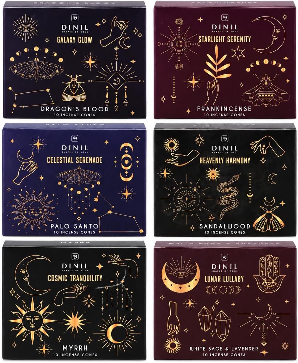 Dinil Cosmic Aura Incense Cones Variety Pack, 60 Cones, 6 Fragrances