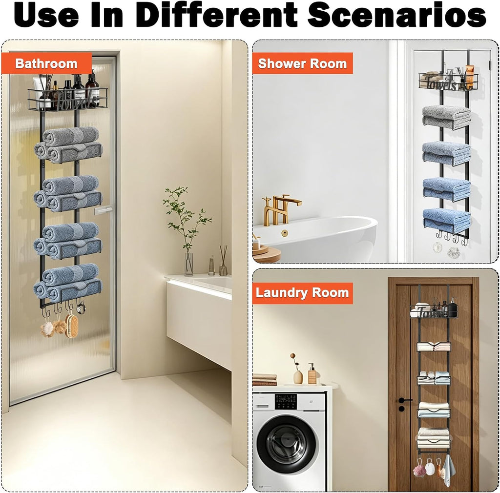 Over The Door Towel Racks, No Drill Towel Storage with Basket & Hooks, Space-Saving Multi-Functional Towel Holder for Bathrooms, bedrooms, Apartments, RVs (Matte Black, 6 Tier)
