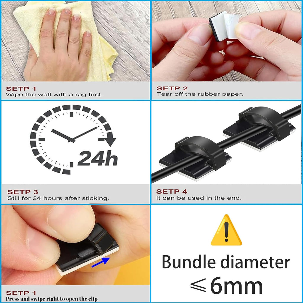 Adhesive Cable Holder Management Wire Clips 50 Pcs Black，Suitable for Cables with a Diameter of ≤ 6mm in Cars, Houses, and Offices