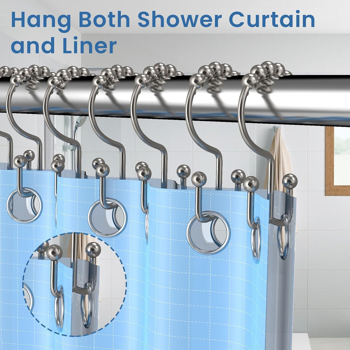Brushed Nickel Shower Curtain Hooks Double Sided with Roller Balls