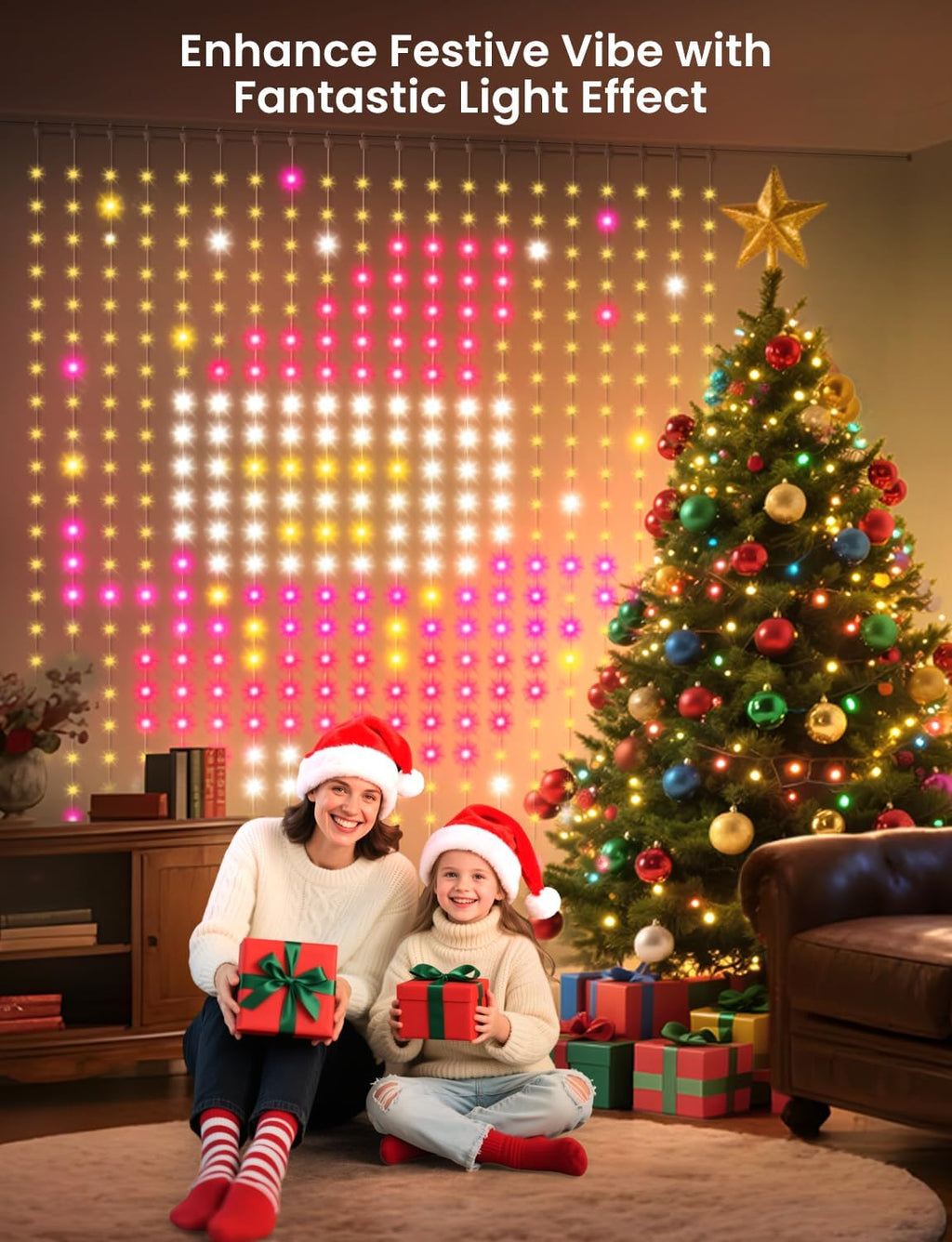 Smart LED Curtain Lights, 400 LEDs RGB+IC Color Changing Wall Lights, 6.6x6.6ft Indoor Dynamic DIY Pattern LED String Lights, APP Remote Control, For Bedroom, Living Room, Window Decor, Party, Wedding