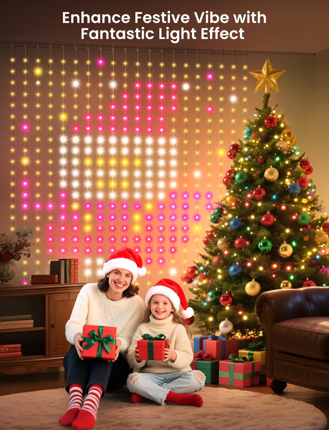 Smart LED Curtain Lights, 400 LEDs RGB+IC Color Changing Wall Lights, 6.6x6.6ft Indoor Dynamic DIY Pattern LED String Lights, APP Remote Control, For Bedroom, Living Room, Window Decor, Party, Wedding