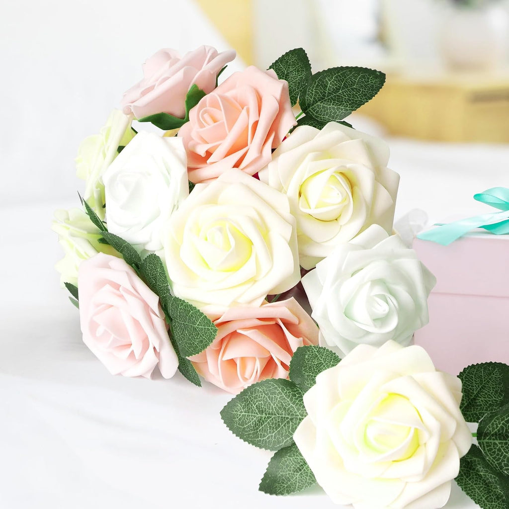 25pcs Artificial Flower Foam Rose Real Touch Roses Flower Heads with Stem for DIY Wedding Bouquets Centerpieces Arrangements Party Baby Shower Home Decor (Shades of Pink Rose)