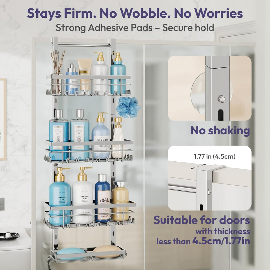 SWTYMIKI Over The Door Shower Caddy - 4 Tier Rustproof Hanging Shower Organizer with Adjustable Shelves, 40 Hooks & Soap Holder, Hanging Shower Rack Storage for Bathroom Accessories, Silver