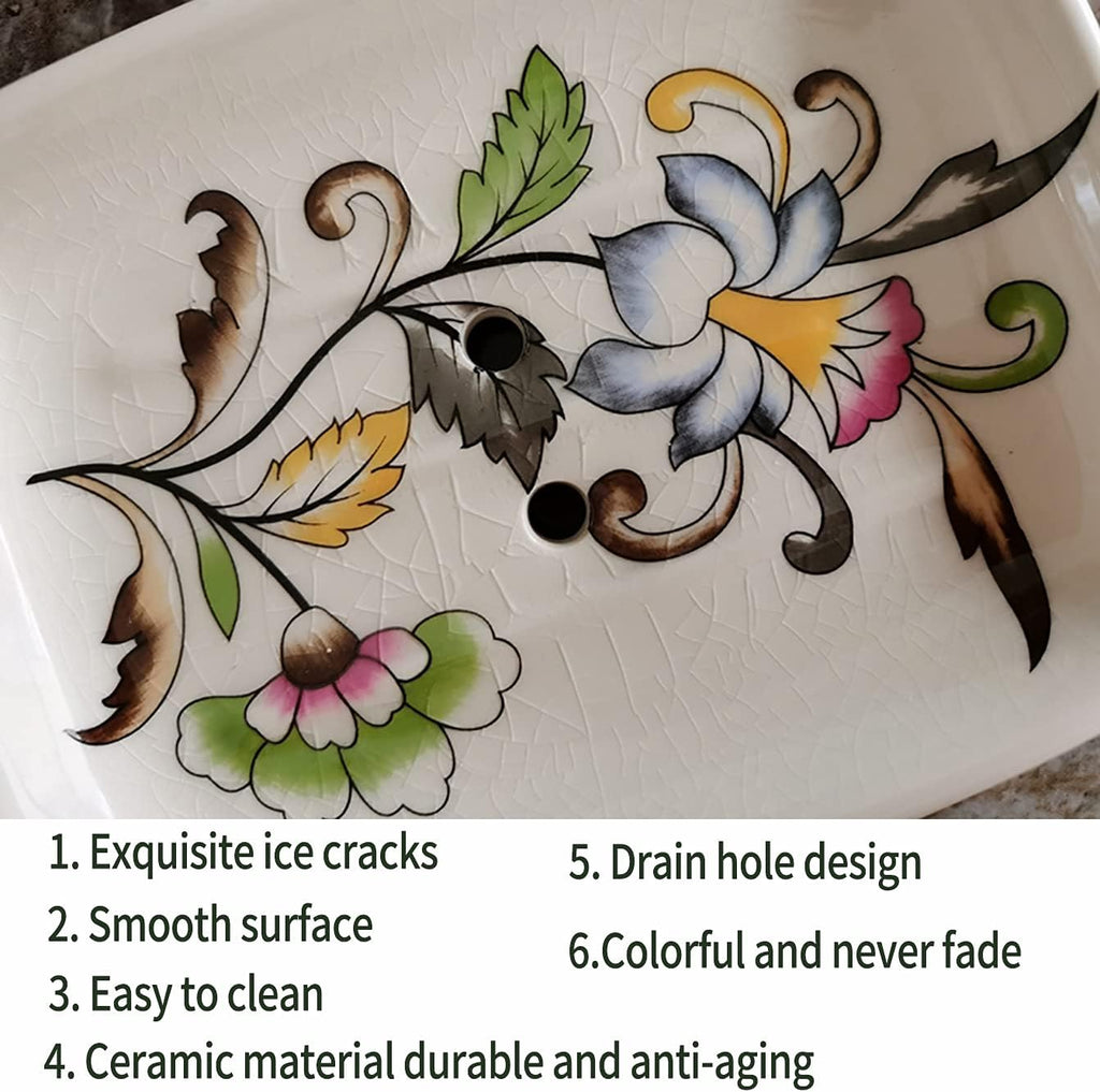 Kelake Ceramic Soap Dish Creative Ice Crack Ceramic Clorful Flower Pattern Soap Dish Holder for Bathroom and Shower Soap Tray Box with Drain Gift for Mum Family