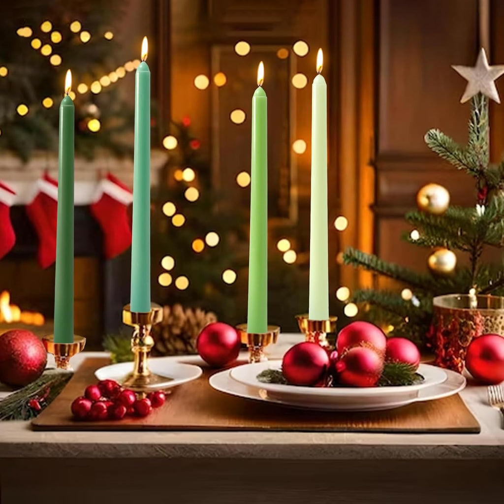 10 Inch Gradient-Green Taper Candles, 4 Packs Unscented Candlesticks for for Spring Dinner Wedding Christmas Party and Home Decoration, Dripless and Smokeless, 8-10 Hours Burn