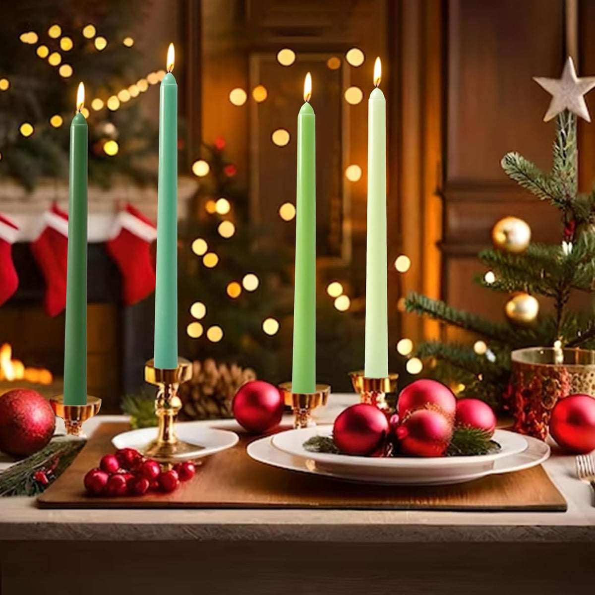 10 Inch Gradient-Green Taper Candles, 4 Packs Unscented Candlesticks for for Spring Dinner Wedding Christmas Party and Home Decoration, Dripless and Smokeless, 8-10 Hours Burn