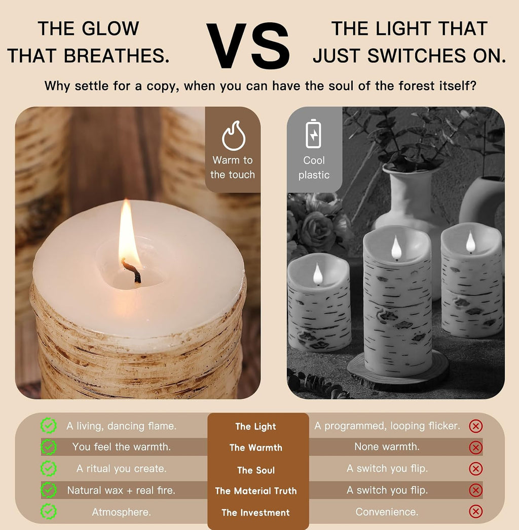 Rustic Birch Bark Pillar Candle Set of 3, Unscented Home Decor